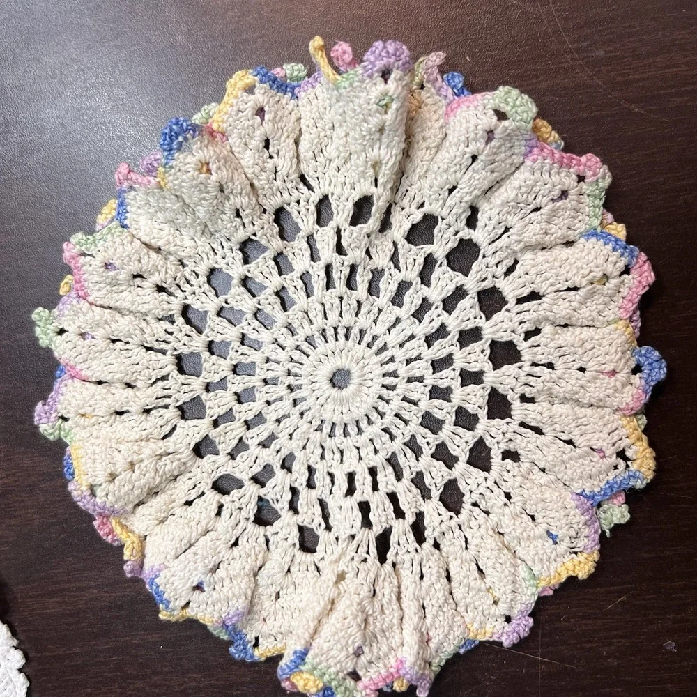 Lot of‎ 4 Vintage Hand Crochet Doilies – Ivory & Pastel Lace Set – Mixed Sizes